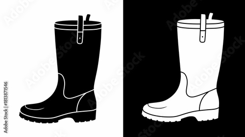 Rain Boots Vector Illustration Pair Black and White Footwear