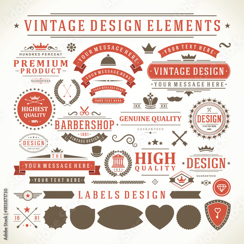 Vintage retro label set featuring badges stamps ribbons and premium quality emblems