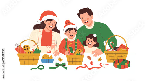 Family Christmas Festive: A cheerful family is gathered around, creating handmade gifts in the holiday spirit, crafting moments of togetherness, happiness and seasonal traditions.