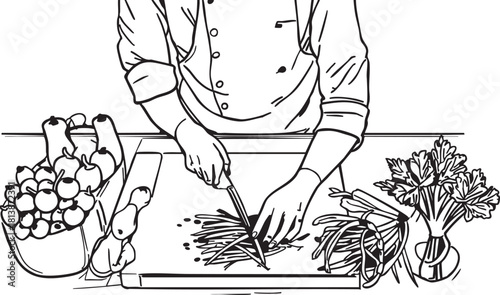 Chef preparing fresh vegetables, expertly chopping ingredients on a cutting board, culinary art illustration for cooking, healthy food, and kitchen themes