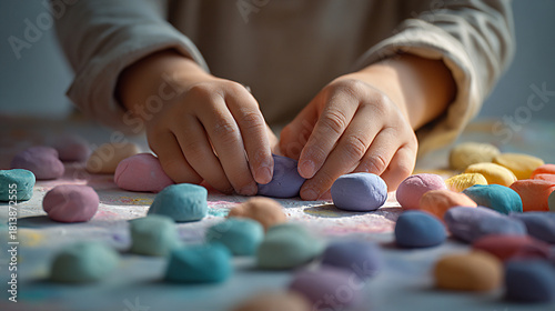 Child molding colorful clay on a soft pastel background, engaged in creative play, showcasing hands shaping vibrant materials with focus and joy