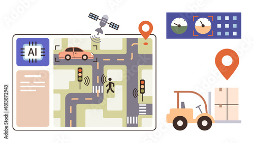 AI-powered traffic map featuring sensors, GPS tracking, satellite, autonomous vehicle, forklift, and cargo. Ideal for urban planning, logistics, transportation navigation automation technology