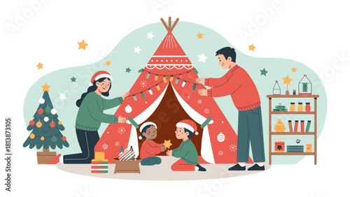 Festive Gathering: A joyful family gathers in a cozy teepee, decking it out with festive decorations, embodying the warmth and spirit of the holiday season.