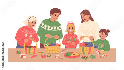 Joyful Festive Family Moments: A family is gathered around a table with baskets and gifts, engaging in festive preparation, encapsulating the spirit of togetherness and joy.