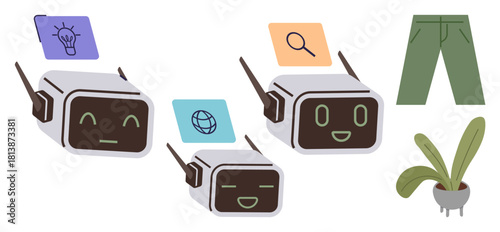 Group of robots expressing ideas with panels displaying lightbulb, web, and magnifier. Potted plant and green pants add a friendly and casual setting. Ideal for innovation, AI, teamwork, creativity