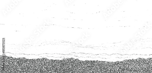 Abstract textured landscape with dark gray textured ground and light gray wavy horizon against white sky