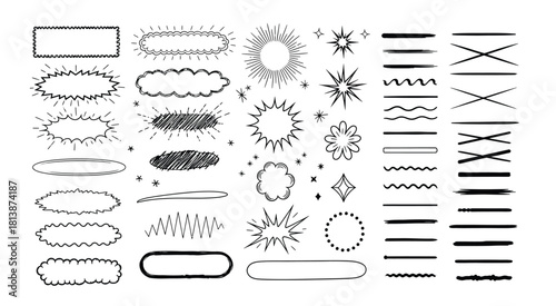 Hand drawn doodle frames and dividers collection in black and white .