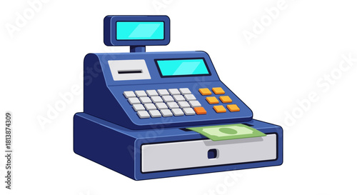 Blue Cash Register with Money and Display Screens.