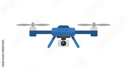 Blue quadcopter drone with camera isolated on white background.