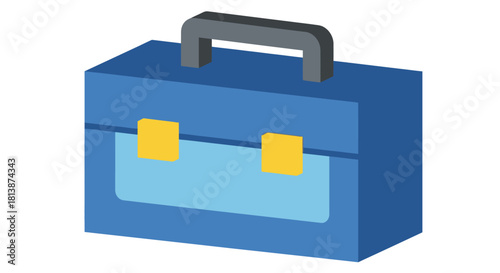 Blue toolbox with a grey handle and yellow latches.