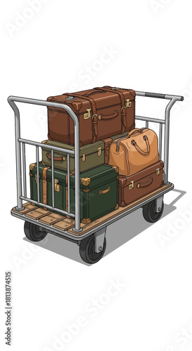 Luggage cart filled with vintage suitcases on a white background.