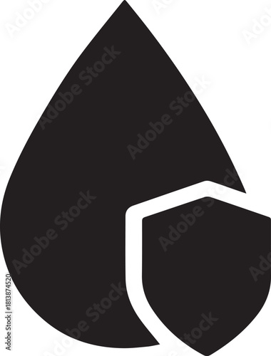 A black silhouette of a water drop overlaid with a white shield symbol, indicating protection or resistance.