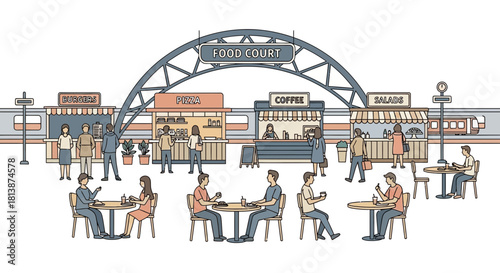 Illustration of an outdoor market with people sitting at tables and browsing stalls.