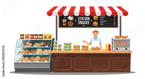 Food stall with snacks and drinks under a striped awning on white background.