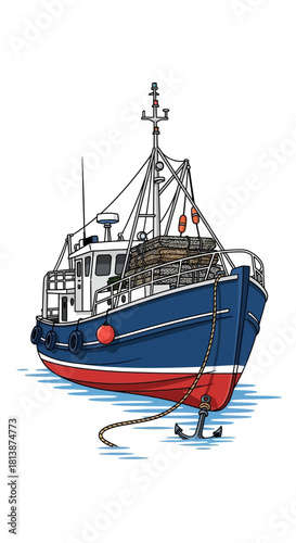 Blue and white fishing boat with nets and anchor on white background.