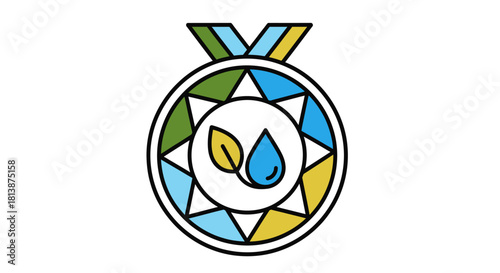 Eco-Friendly Award Medal with Leaf and Water Drop Icon.