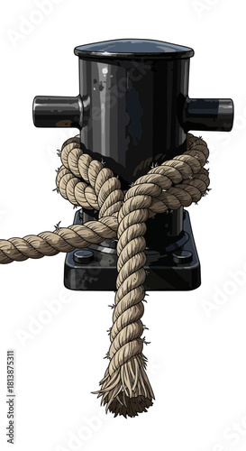 Black mooring bollard with rope tied around it isolated on white background.