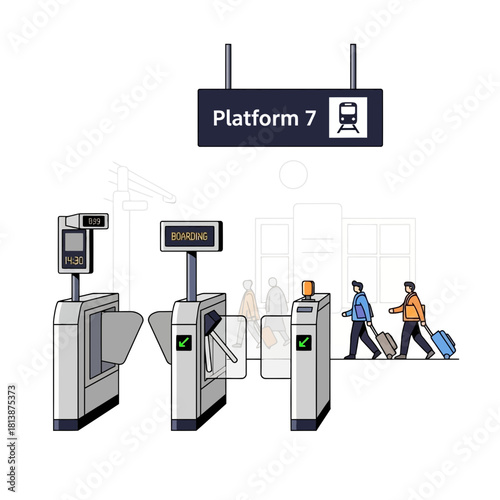 People walk through ticket barriers at a train station platform entrance.