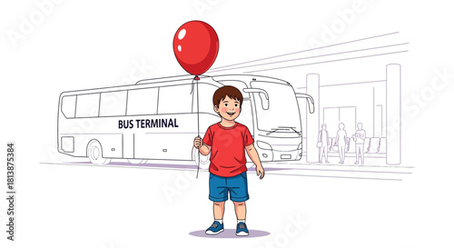 Boy holds red balloon in front of bus terminal illustration.