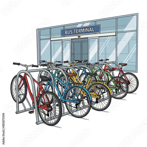Several bicycles parked in front of a building with glass windows.