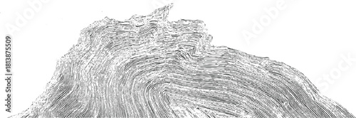 Detailed black and white illustration of folded geological strata and rock formations geology