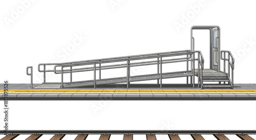 A wheelchair ramp access to a train platform on a white background.