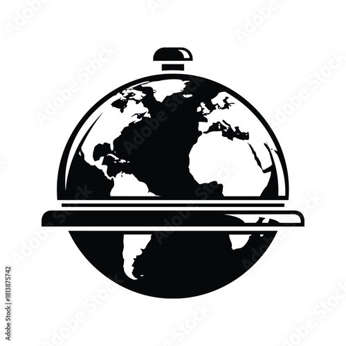 A black and white icon of a globe covered by a cloche, symbolizing global cuisine or service