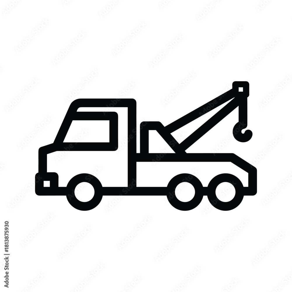 Naklejka premium Outline icon of a tow truck with a crane, isolated on