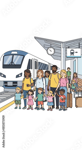 Illustration of diverse group of people waiting at train station platform.
