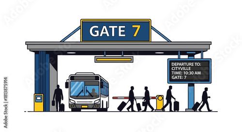 Airport gate with bus passengers and luggage waiting to board.