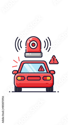 Red car with flashing light and warning sign illustration on white background.