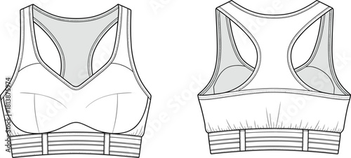“Detailed technical vector illustration of women’s sports bra front and back views showcasing seams, structure, activewear design elements, and fitness apparel style.”
