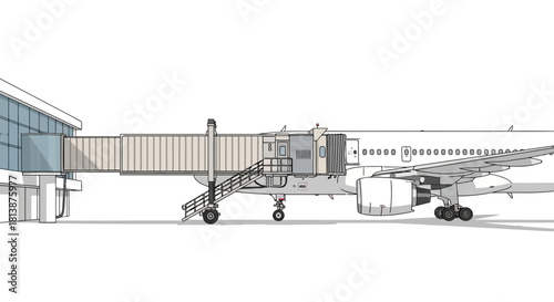 Airplane connected to jet bridge at airport terminal on white background.