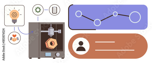 3D printer fabricating geometric object lightbulb, gear, analytics, and user profile elements connected. Ideal for innovation, technology, creativity, manufacturing data design teamwork. Simple