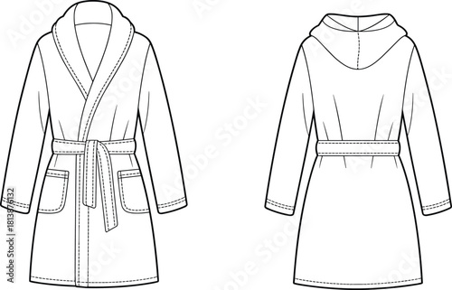 “Detailed vector illustration of women’s bathrobe with shawl collar and hooded back view, fashion technical flat sketch for apparel design”
