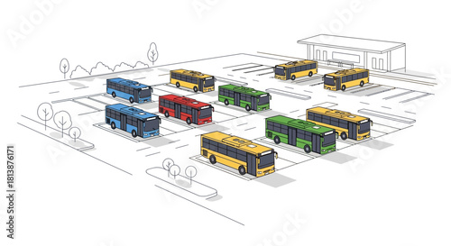 Multiple toy buses are parked in a sketched bus station illustration.