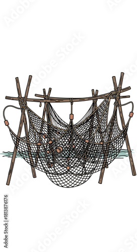Hammock made of rope suspended between wooden supports against white background.