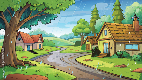 Deep Asian mountain-edge village glowing under warm sunset hues, giant tree standing as the village guardian vector illustration ai generated art