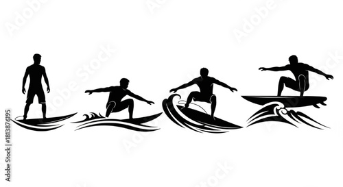 Surfer Silhouette Vector Showing Sequential Moves — Standing, Paddling, Riding, Performing Trick

