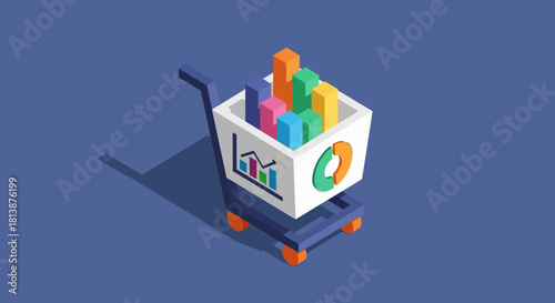 Shopping cart filled with colorful business data analysis charts.