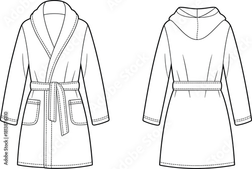 “Vector illustration of cozy women’s bathrobe with shawl collar, hooded back view, belt, pockets, sewing details, fashion garment template.”