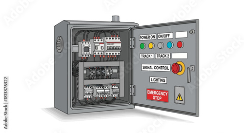 Open electrical control panel showing wiring components and buttons on a white background.