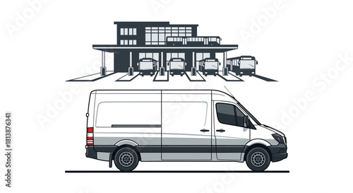 White van illustration with a building and other vans in the background.
