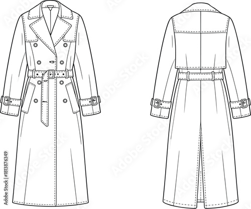 Classic long double-breasted trench coat technical flat illustration with belt, storm flap, cuff straps, detailed stitching, pockets, and structured outerwear design.