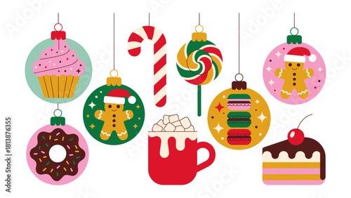 Holiday Ornament Delights: Festive Christmas ornaments, adorned with various sweet treats such as cupcake, candy cane, lollipop, gingerbread man, macaron, donut, hot chocolate, and cake.