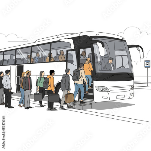 People boarding a white bus with luggage at a bus stop.