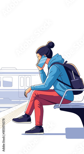 Woman sitting on bench talking on phone with backpack in outdoor setting.
