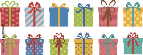 Colorful festive gift boxes with ribbons and patterns arranged in decorative rows, perfect for holiday celebrations, seasonal design themes, and cheerful occasions.