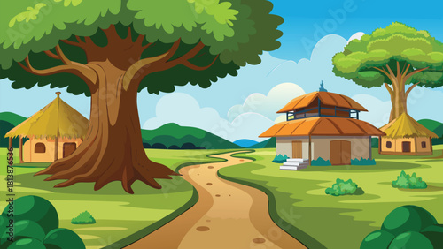 Warm sunset shining softly over a deep Asian village, massive tree spreading wide branches above tiny huts vector illustration ai generated art