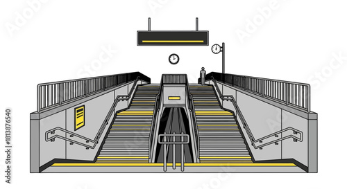Illustration of an escalator leading to a platform with a sign above.